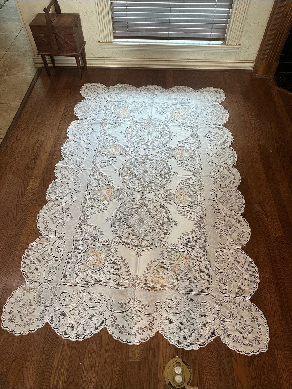 Polyester Lace-Style Cream Tablecloth with Orange Flower Accents Size 96”x59”